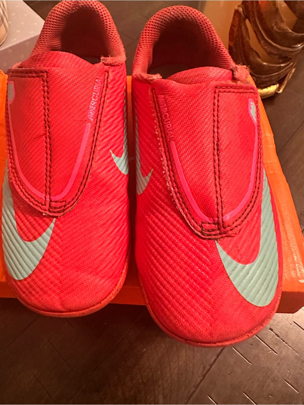 Nike Kids Red Slip-On Sneakers with Teal Swoosh